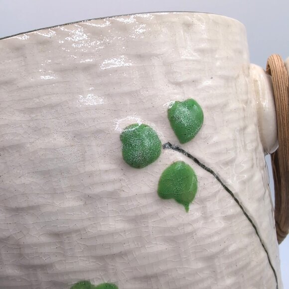 Vintage Ceramic Japanese Biscuit Barrel w/ Wicker Handle Shamrock Weave Pattern - Picture 5 of 12